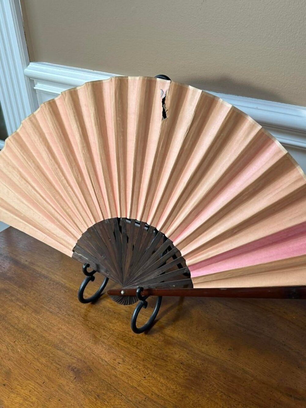Vintage 15” mahogany / paper Sensu folding paper fan - As is
